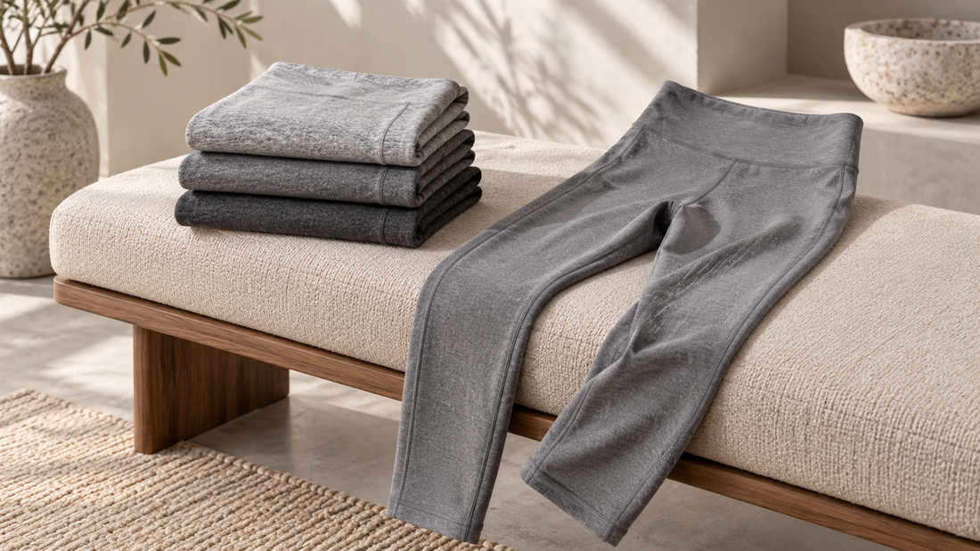 Grey leggings arranged on a neutral upholstered bench