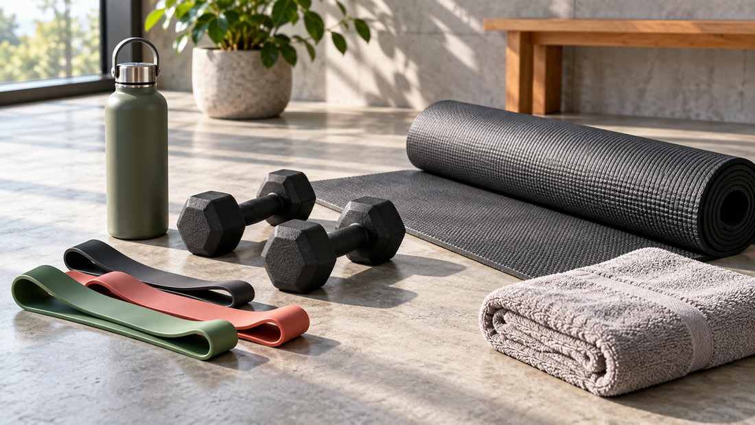 Unbranded gym gear with dumbbells resistance bands and exercise mat