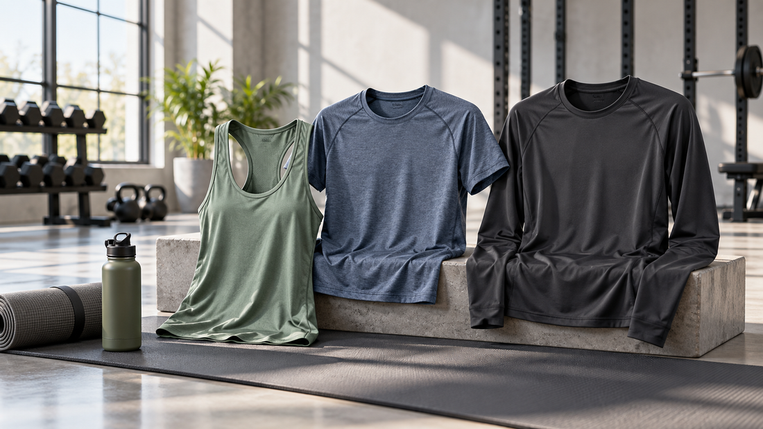 Unbranded gym tops in tank short-sleeve and long-sleeve styles in a studio