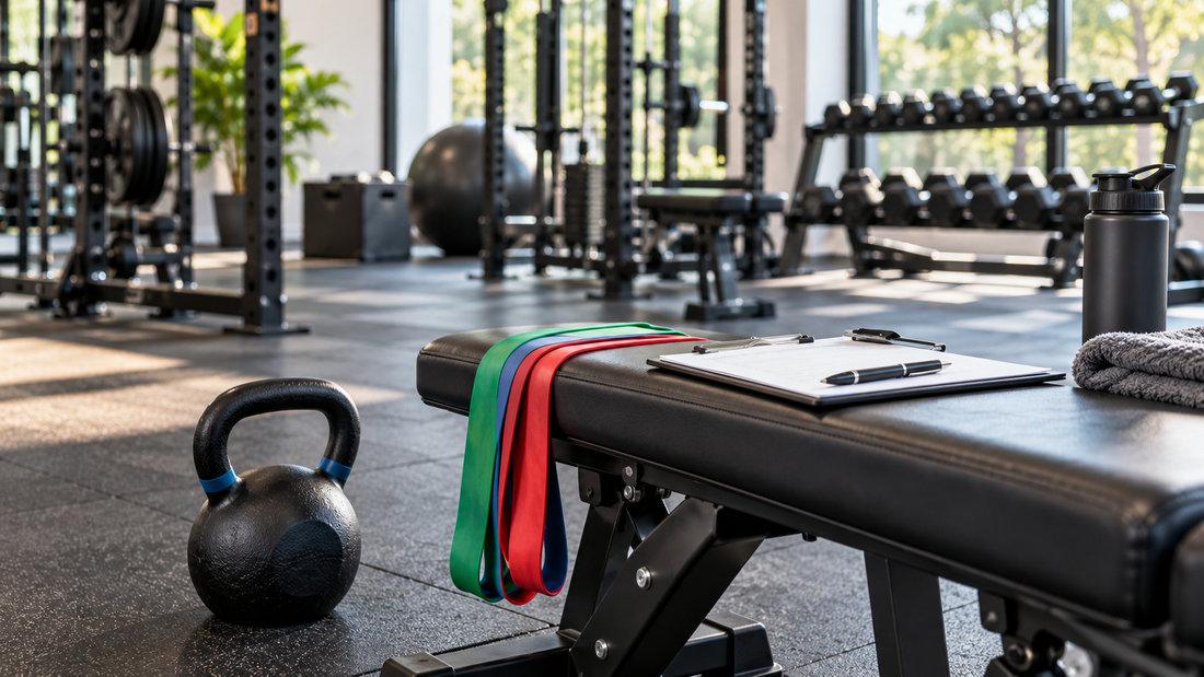 Modern gym training setup with kettlebell, resistance bands, bench and clipboard