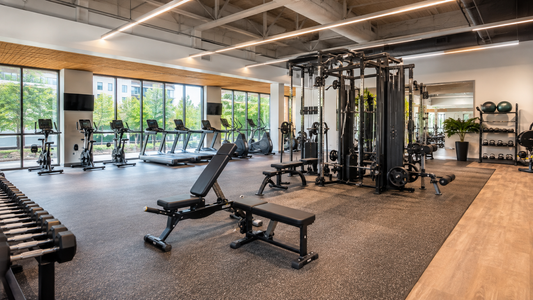 Bright neighborhood gym with strength equipment, cardio machines and an organized mobility area