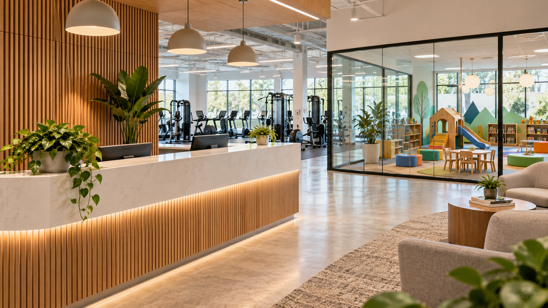 Family-friendly gym reception with supervised childcare area and fitness equipment