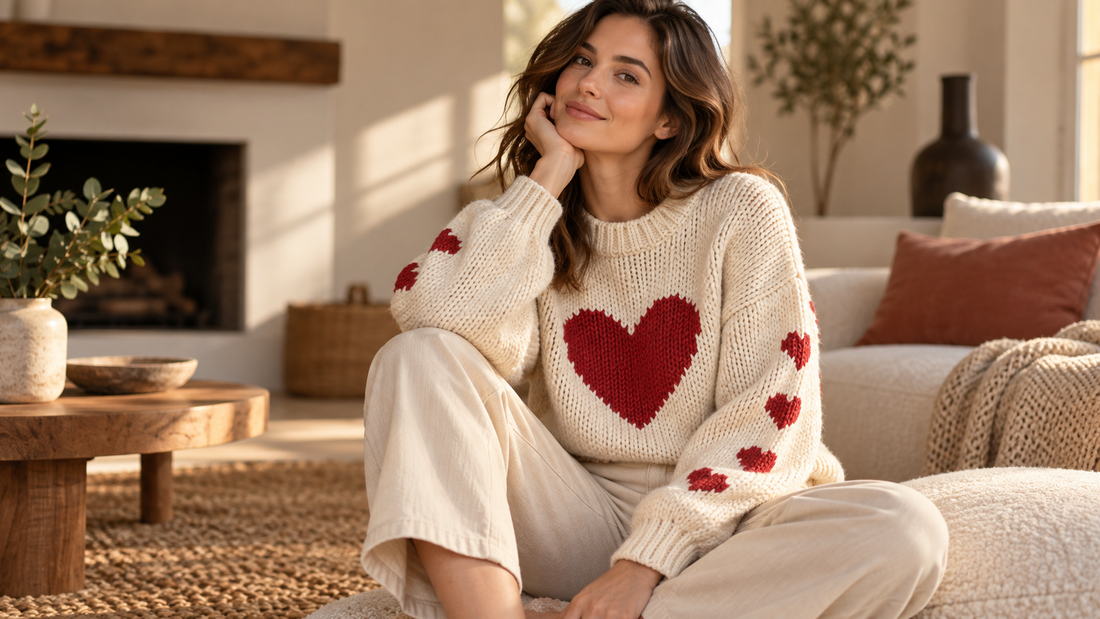 Adult woman wearing an unbranded cream knit sweater with red heart motifs