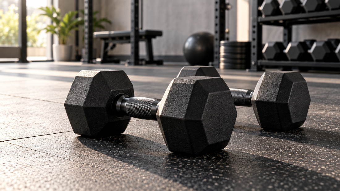 Black hex dumbbells on a clean modern gym floor