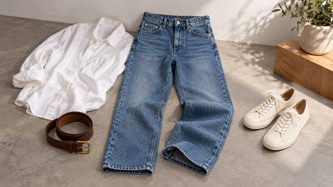 High-rise blue jeans styled with a white shirt, belt and sneakers
