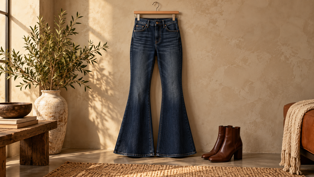 Dark-wash high-waisted flare jeans displayed with brown ankle boots
