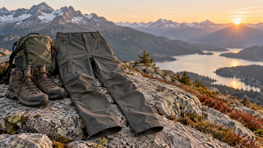 Men's technical hiking pants with trail boots and backpack at mountain dawn