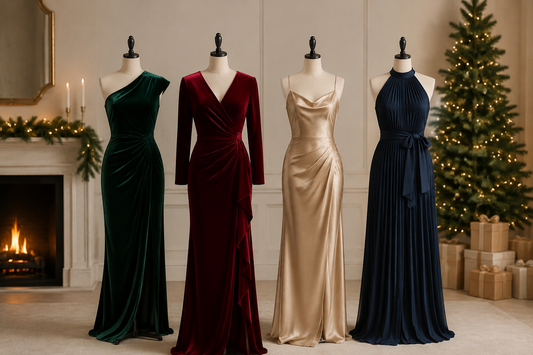 Elegant holiday dresses in a warm festive editorial studio