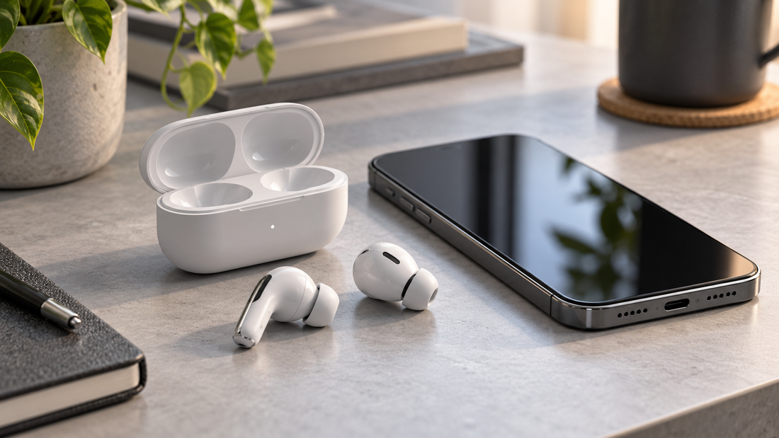 Wireless earbuds and smartphone on a minimalist desk