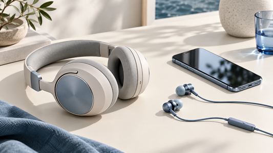 iPhone headphones beside a smartphone in a bright modern setting
