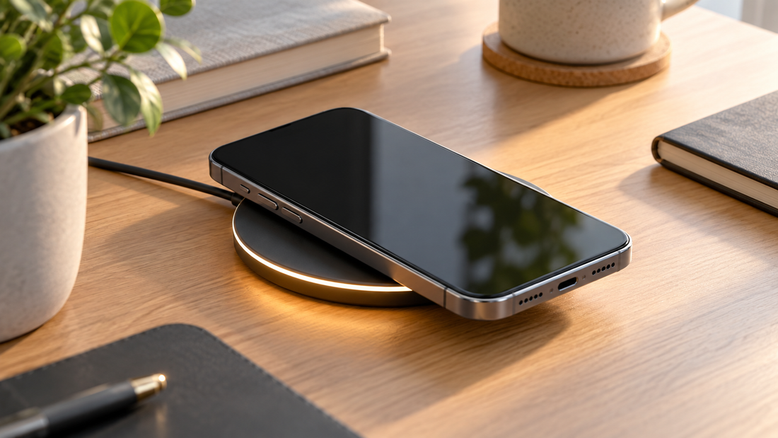 Unbranded smartphone resting on a compact wireless charging pad
