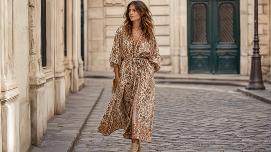 Woman styling a bohemian printed midi dress on a Parisian street