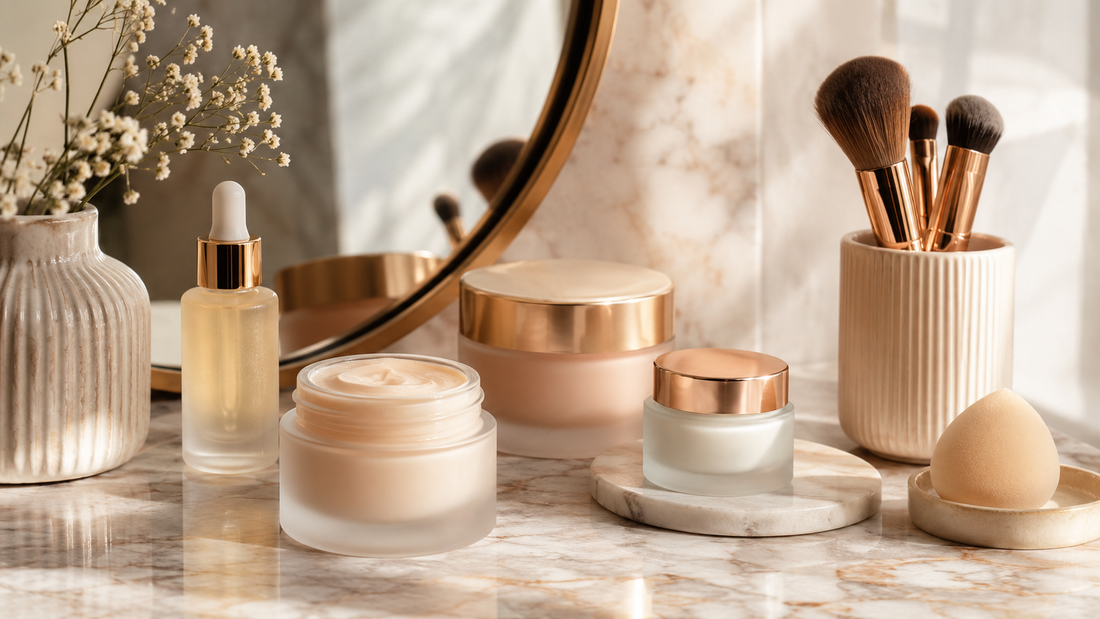 Unbranded skincare and makeup essentials on a warm marble vanity