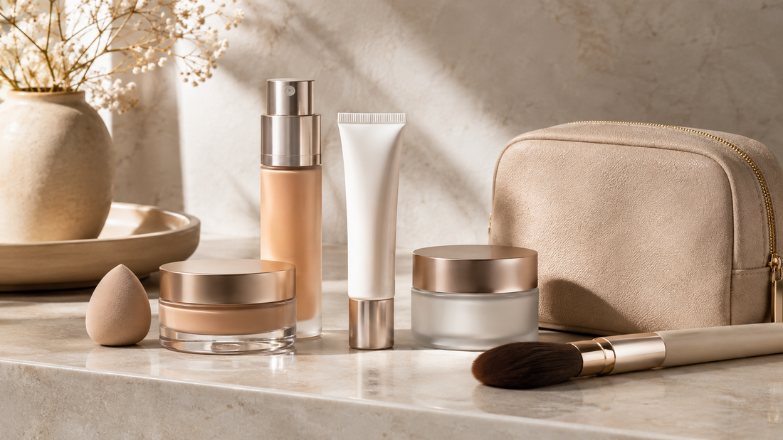 Unbranded skincare and makeup essentials arranged on a warm stone vanity in soft natural light