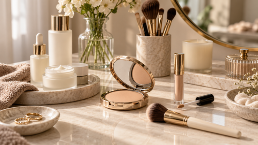 Premium makeup products arranged on a clean warm-toned vanity