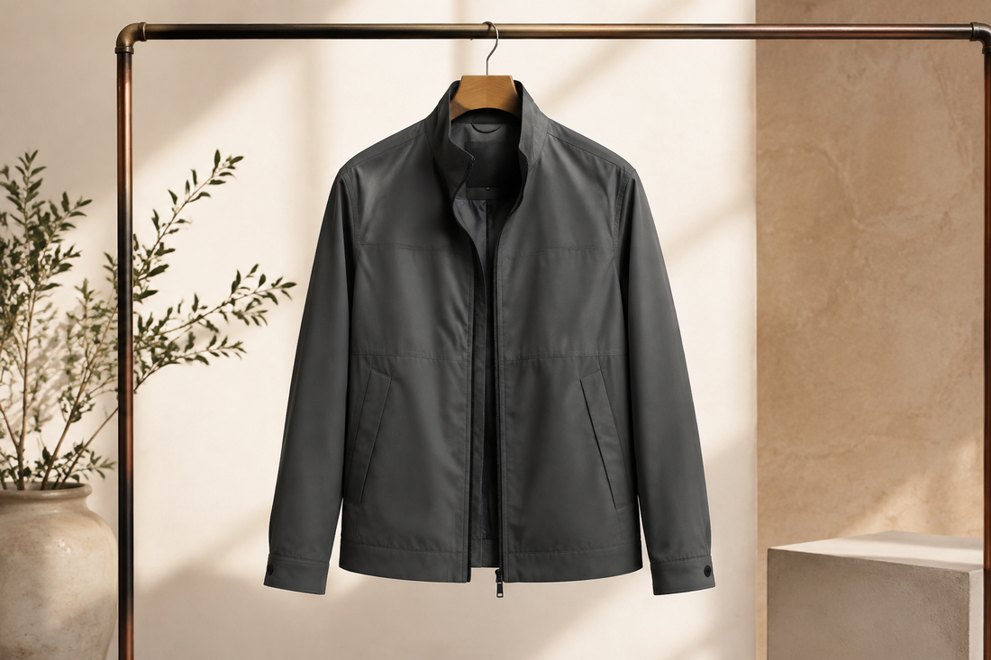 Versatile modern jacket displayed in a refined studio