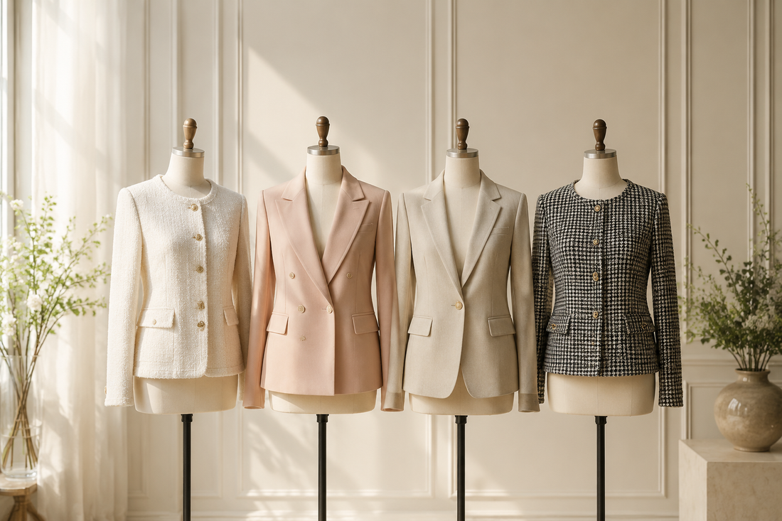 Elegant women's jackets displayed in a bright upscale studio