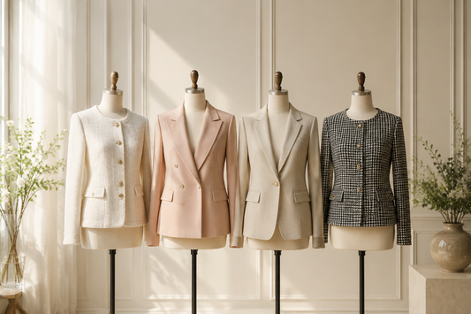 Elegant women's jackets displayed in a bright upscale studio