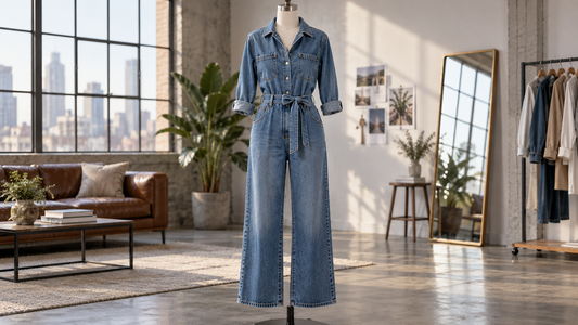 Blue denim jumpsuit displayed on a mannequin in a modern loft