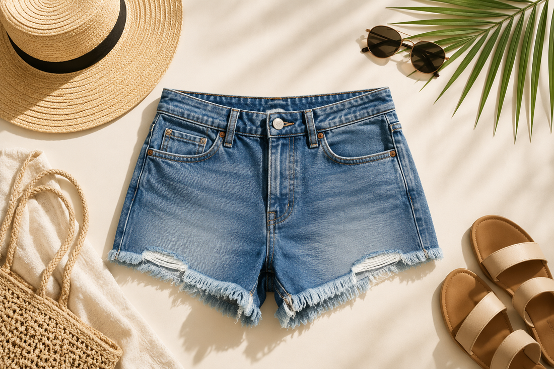 Classic jean shorts in a clean summer fashion flat lay
