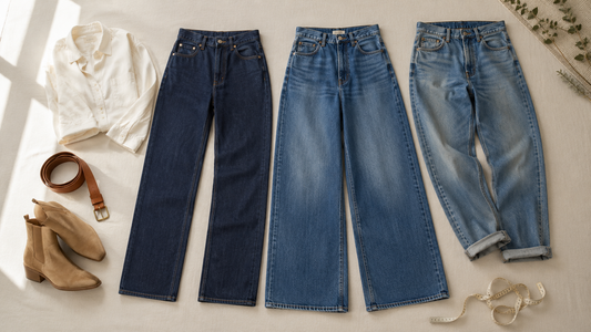 Three denim silhouettes arranged with an ivory shirt, tan belt, ankle boots and measuring tape