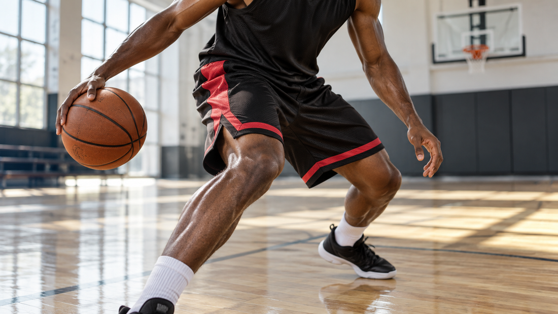 Black and red basketball-inspired shorts displayed in a clean athletic studio without logos