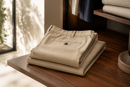 Well-tailored khaki pants in a refined wardrobe setting
