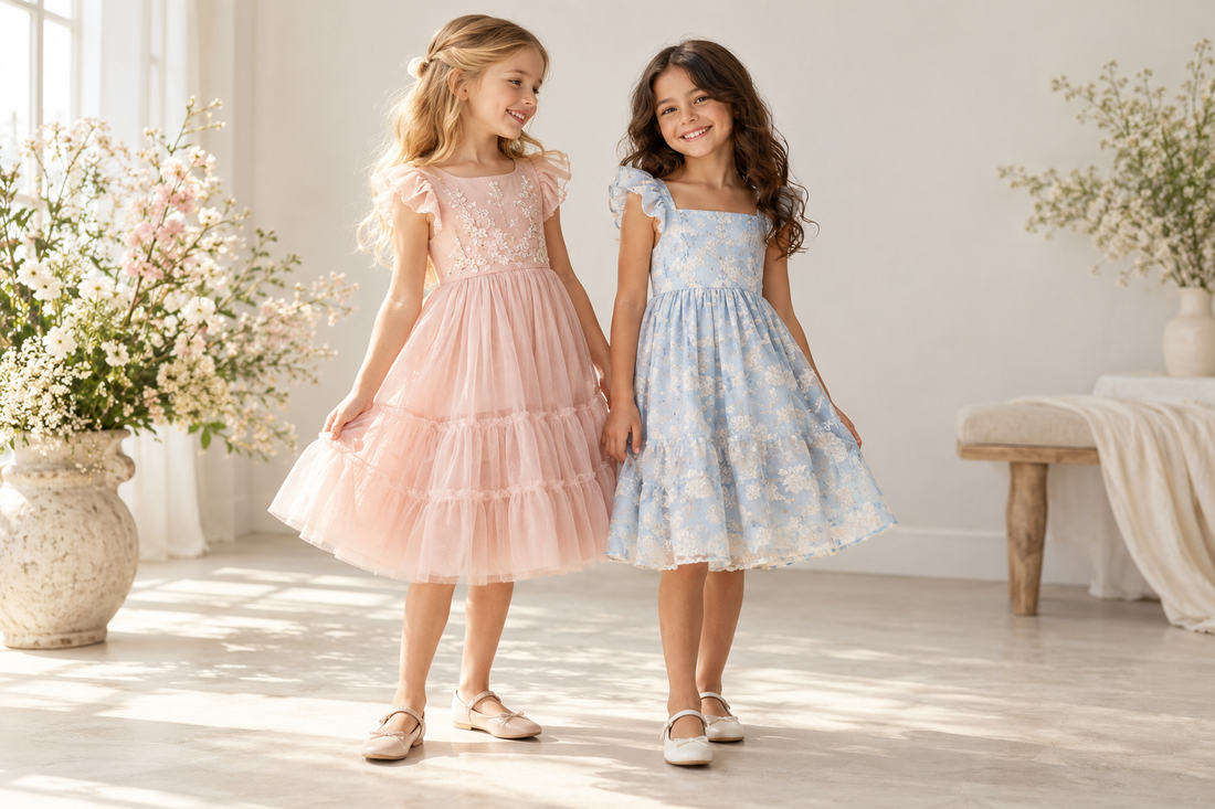 Two children wearing comfortable pastel occasion dresses in a bright studio