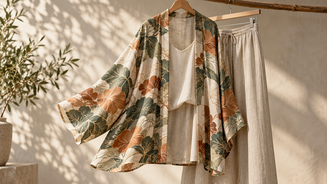 Patterned kimono jacket layered over a neutral outfit