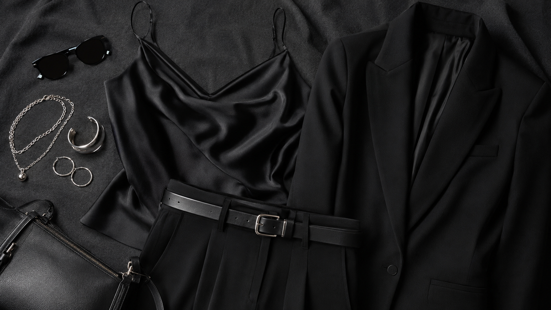 Black silk camisole tailored blazer belt and silver accessories