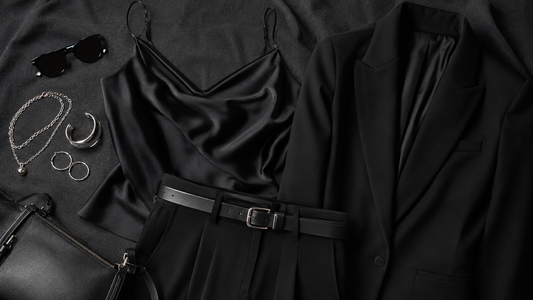 Black silk camisole tailored blazer belt and silver accessories