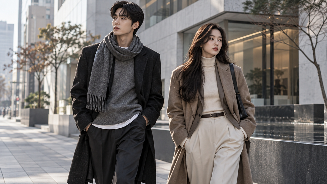 Two adult models wearing contemporary Korean-inspired layered fashion