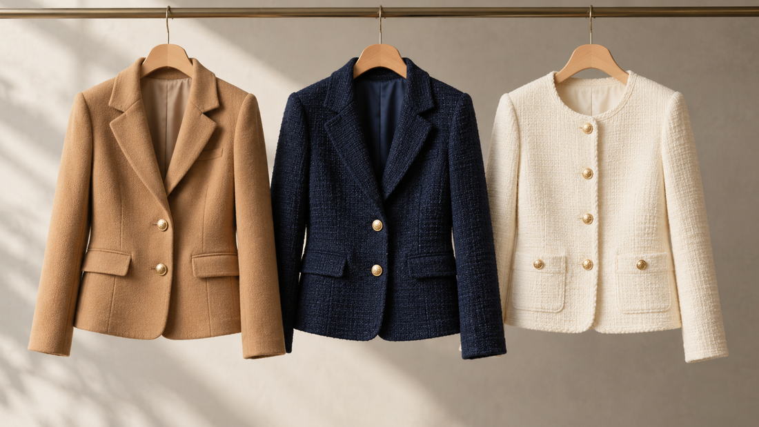 Camel, navy and cream ladies jackets displayed on wooden hangers
