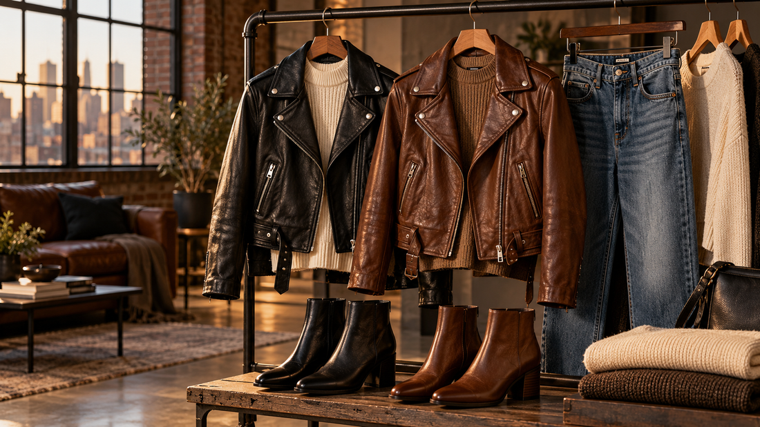 Black and brown ladies' leather jackets styled with knitwear and jeans