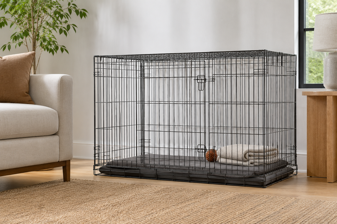 Spacious large dog crate in a calm modern living room