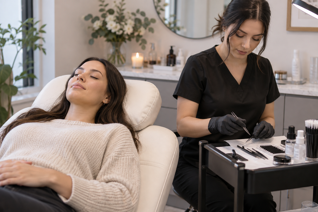 Beauty technician preparing clean lash tools beside an adult client in a salon