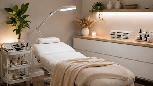 Clean professional lash studio with treatment bed, organised tools, lamp and fresh linens