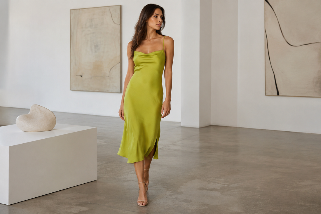 Woman wearing an elegant lime green midi dress in a modern gallery