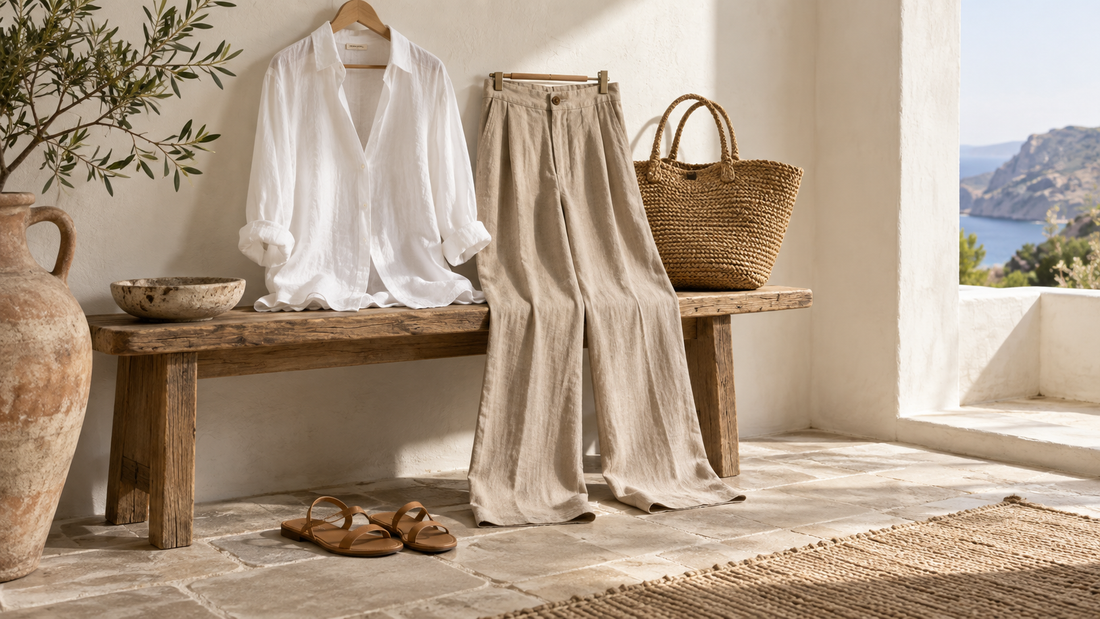 Women's beige linen trousers styled with a white blouse and woven bag