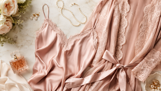 Blush silk camisole lace trim robe and pearl accessories on pale stone