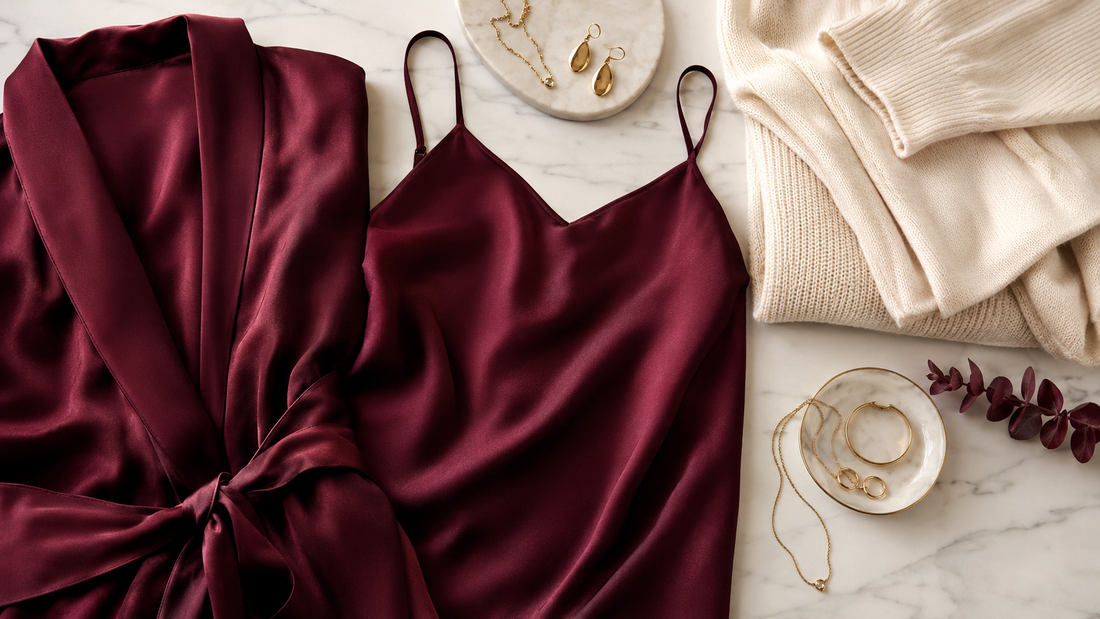 Burgundy silk camisole and robe with elegant accessories on pale marble