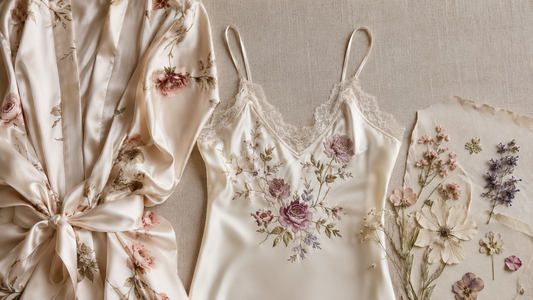 Floral embroidered ivory camisole and silk robe arranged with pressed flowers