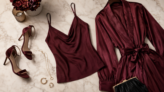 Burgundy silk camisole satin robe heels and jewelry on pale marble
