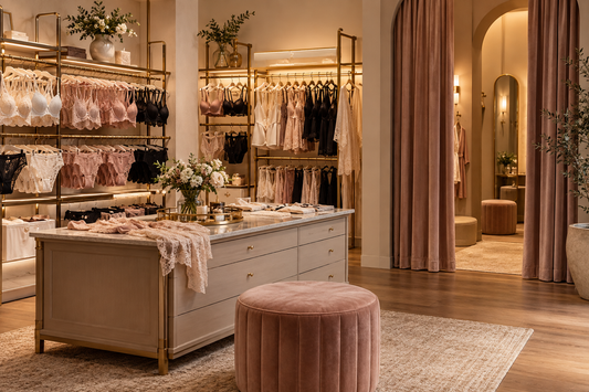 Elegant unbranded lingerie boutique fitting area with neatly arranged garments