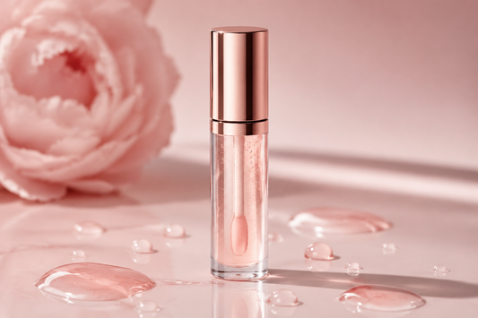 Luxury lip oil tube with glossy droplets on a blush background