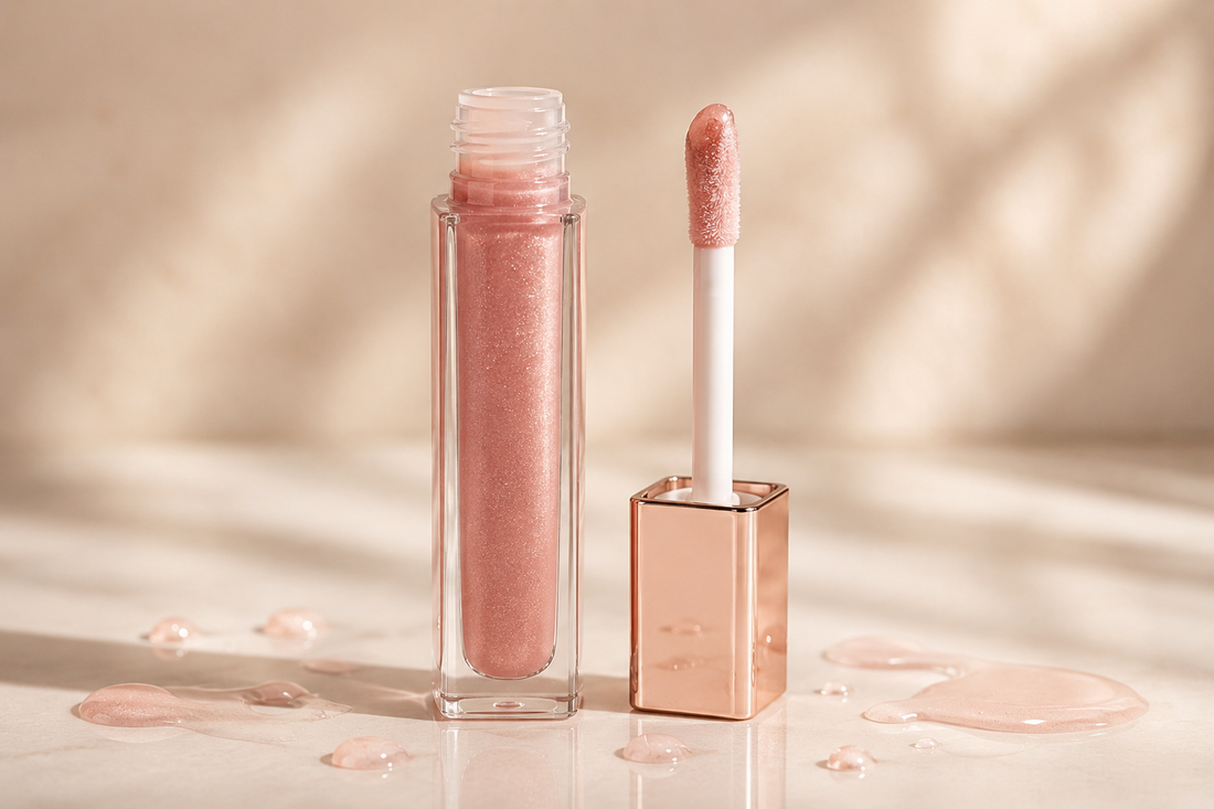 Premium lip plumper with glossy droplets on a neutral studio surface