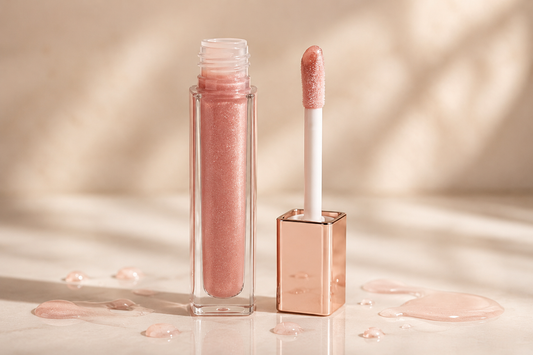 Premium lip plumper with glossy droplets on a neutral studio surface