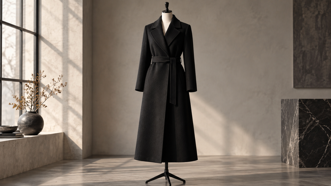 Long black tailored coat displayed on a mannequin in a minimalist studio