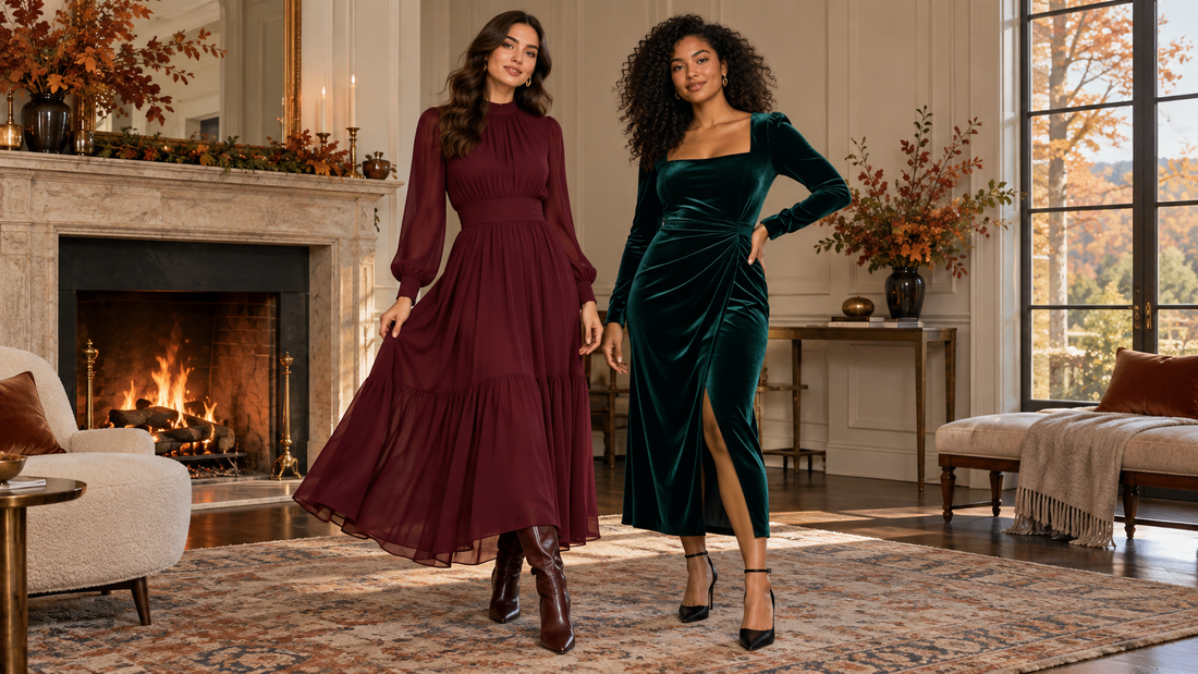 Two adult women wearing elegant long-sleeve dresses in a refined autumn interior