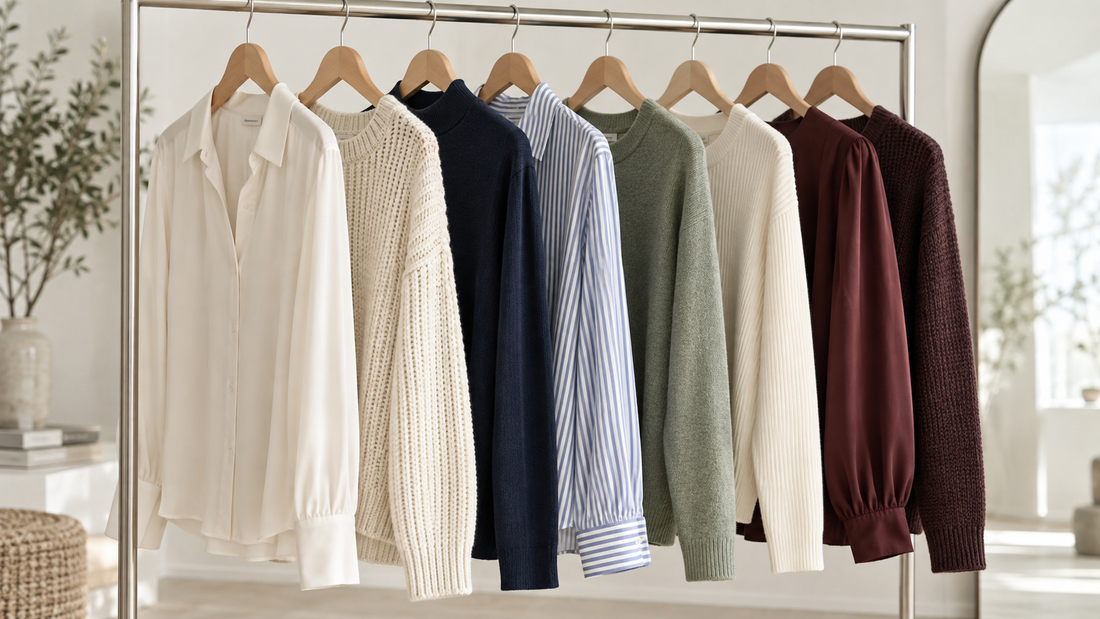Collection of long sleeve tops in neutral and muted colors on a clothing rail
